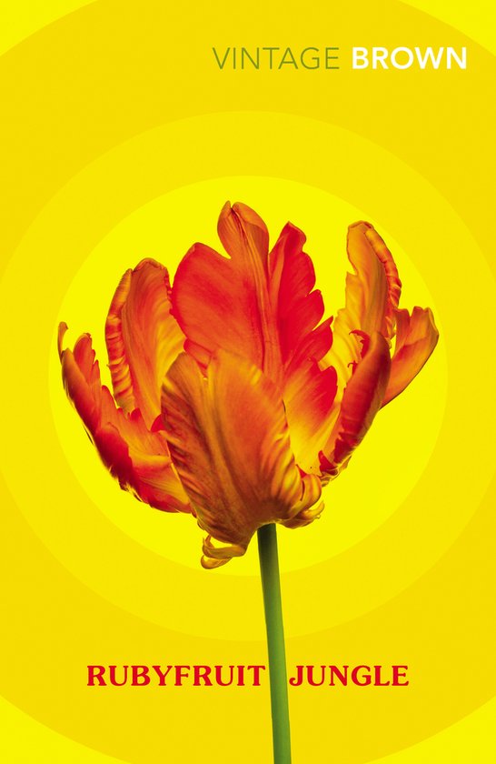 Une tulipe rouge-orange sur fond jaune avec des cercles concentriques.