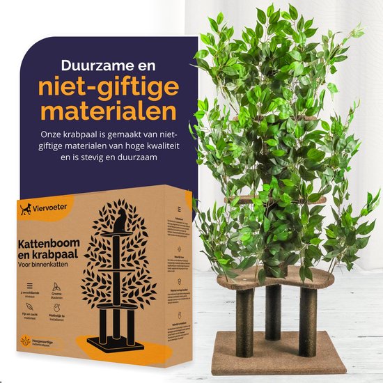 Kattenboom met groene bladeren en bruine krabpalen. Doos met "Kattenboom en krabpaal" in het Nederlands.