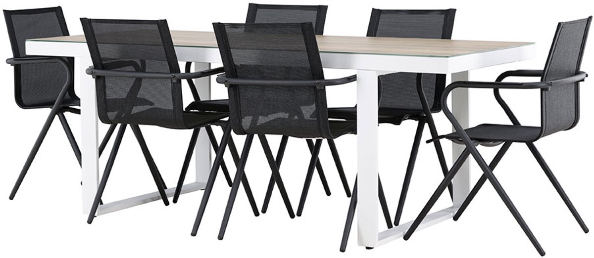 Merlo tuinmeubelset tafel 90x200cm wit, 6 stoelen zwart.