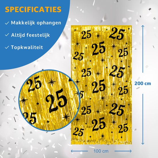 Gouden foliefranje achtergrond met zwarte '25'-cijfers en sterren. 100x200 cm.