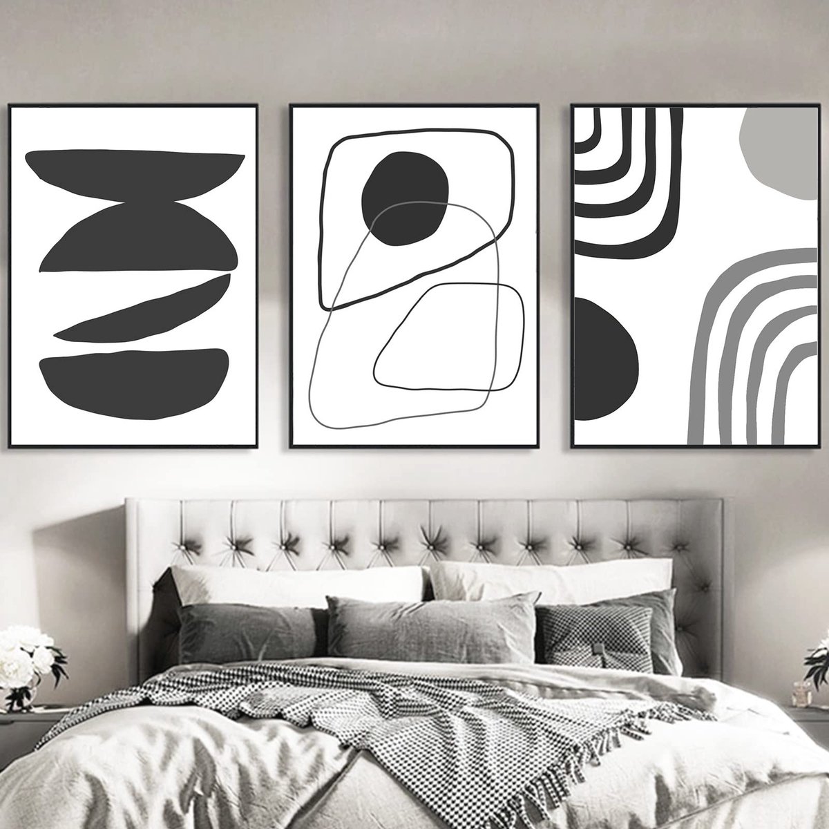 Ibenzoa Abstracte Boho Geometrische Kunstset: 3 Stijlvolle Posters voor Moderne Interieurs, Zwart-Wit Design, Zonder Lijst