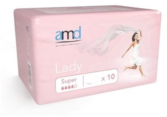 Roze verpakking van AMD Lady Super incontinentieverband, 10 stuks.