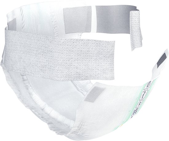 Een witte TENA ProSkin Flex incontinentieslip met een hoge tailleband en verstelbare klittenbanden, weergegeven op zwarte achtergrond.