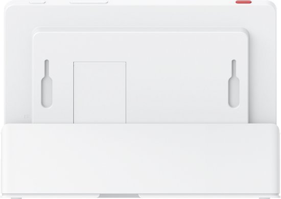 Achterkant van een witte eufy smart display, met een muurbevestiging en een standaard.