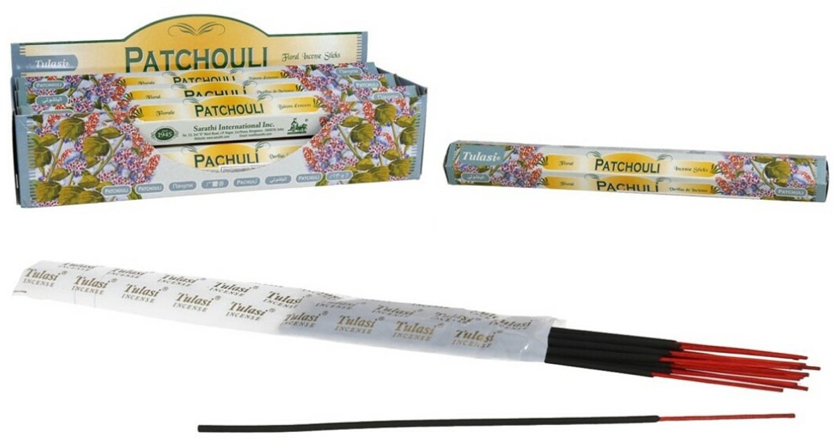 Tulasi Wierook sticks in huisgeur Patchouli - 40x sticks van 22 cm - Ontspannend - 24 grams - Ontspannend - Kalmerend - stokjes