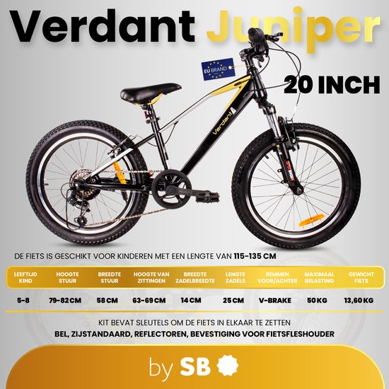 Verdant Kinderfiets voor jongens van 6 tot 10 jaar, 20 inch, 6 versnellingen, Shimano kinderfiets, verstelbare hoogte (Zwart en Goud) van Verdant — afbeelding 5