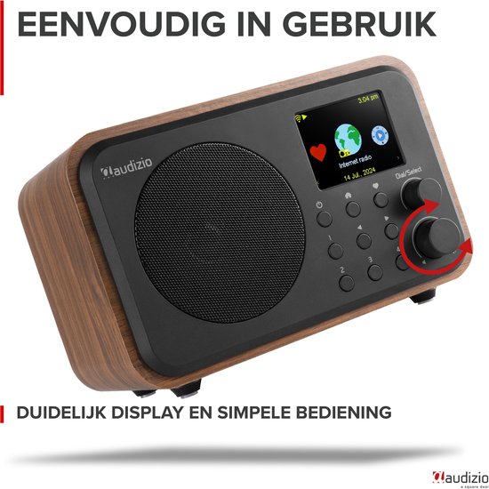 DAB radio met houten behuizing, zwart front met luidspreker, display en bedieningsknoppen. Tekst 'EENVOUDIG IN GEBRUIK'.