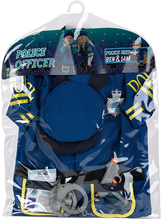 Blauw politie kostuum met pet en accessoires in een plastic verpakking, met opdruk van spelende kinderen.