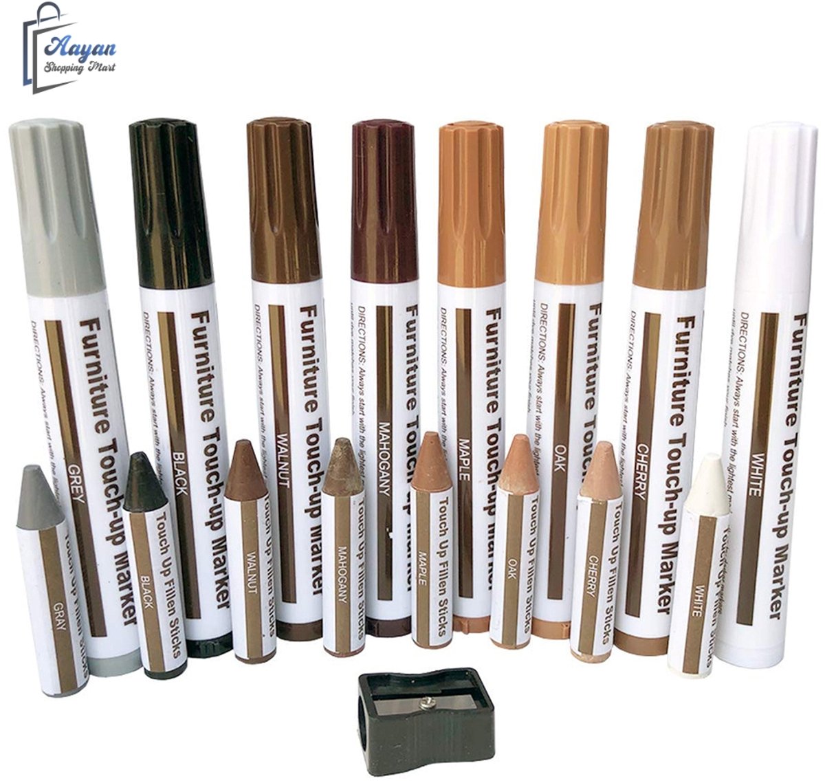 Meubel Reparatie set – 8 stiften & 8 Waskrijtjes – Hout Reparatie Marker Set met Puntenslijper – Voor Krassen en Beschadigingen Meubelonderhoudsmiddel - 32504