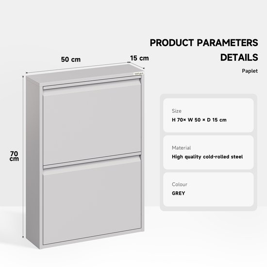 VEEHAUS® - Paplet - Praktisch Schoenenrek -Schoenenrek grijs - Schoenenrek met 2 Niveaus - Schoenenkast grijs - Schoenenrek metaal industrieel - Metaal - 50 x 70 x 15cm -Grijs