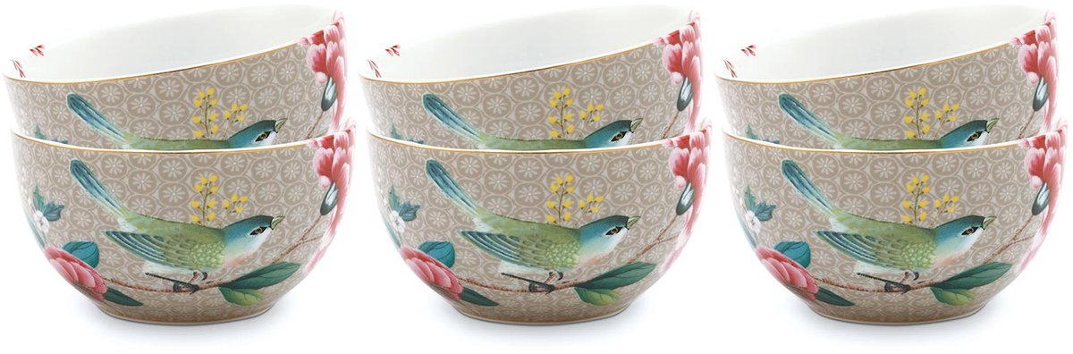Pip Studio Blushing Birds Kommen - Ontbijtkom - Ronde schaaltjes - Servies set van 6 - 12cm