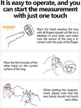 Illustraties tonen hoe een ring om de vinger wordt geplaatst voor meting.