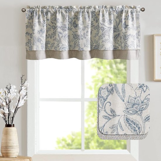 TOPICK Linnenvitrage 65 B x 90 H (cm) bloemen keukengordijnen kort bedrukt landhuisstijl bistrogordijn halftransparante gordijnen raamgordijnen voor lente woonkamer set van 2 bruin op wit
