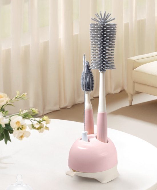 Flessenborstel Baby - 4-Delig - Flessenreiniger - Met vaste basis - BPA vrij - Siliconen Flesvoedingsaccessoires - Roze van Flessenborstel Baby — afbeelding 3