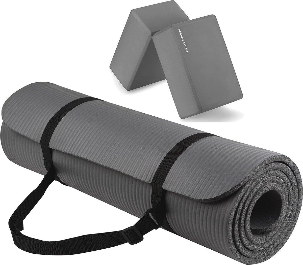 Multifunctionele 1/2 Inch Yoga Mat - Extra Dikke Hoge Dichtheid Anti-Scheur met Draagriem en Yoga Blokken - Grijs