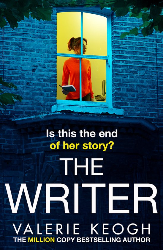 Vrouw in oranje trui kijkt uit raam. "THE WRITER" door Valerie Keogh.