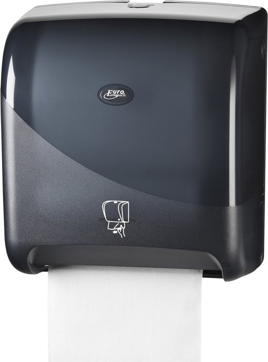 Donkere, kunststof handdoekautomaat met 'Euro Products' logo en een grafische weergave van handen die papier pakken.