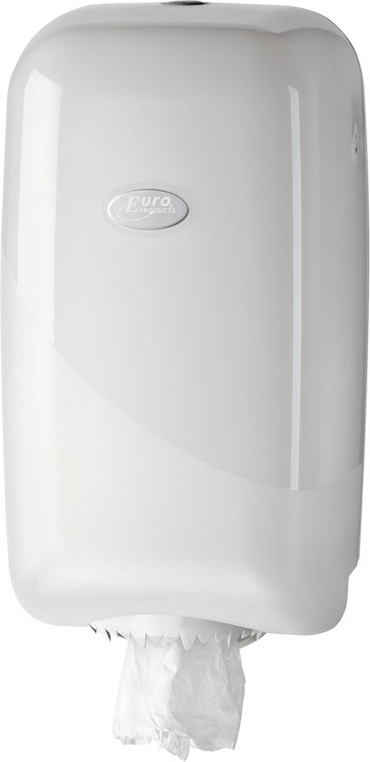 Witte poetsrol dispenser van Pearl Line met een zilverkleurig logo.