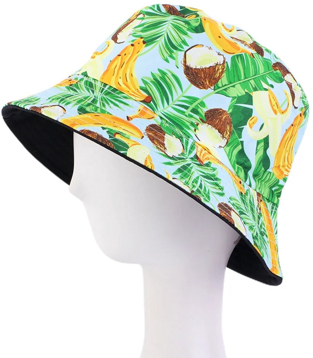 Bucket Hat - Omkeerbaar Vissershoedje - Dubbellaags - Bananen Cocosnoten - Reversible naar Zwart - Maat 58 cm - Heren - Dames - Festival Accessoire - Festivalhoedje - Regenhoedje - Zonnehoedje - Emmerhoed - Hoed - Unisex