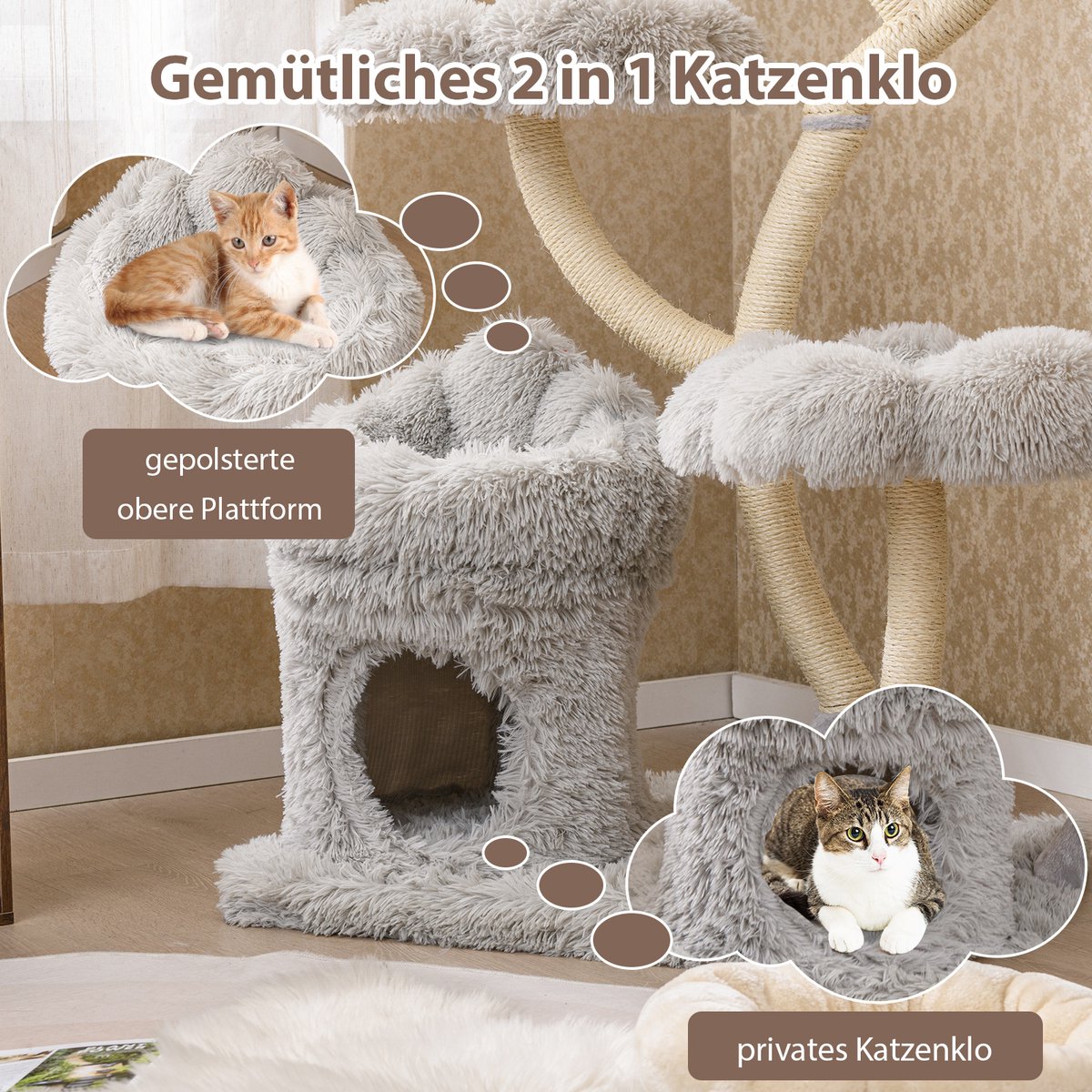 COSTWAY 165 cm krabpaal van hout, kattenboom met 4 warme ligvlakken, kattenhol en sisalstammen, klimboom, kattenkrabpaal groot, kattentoren met metalen frame, kattenmeubel voor katten – foto 3