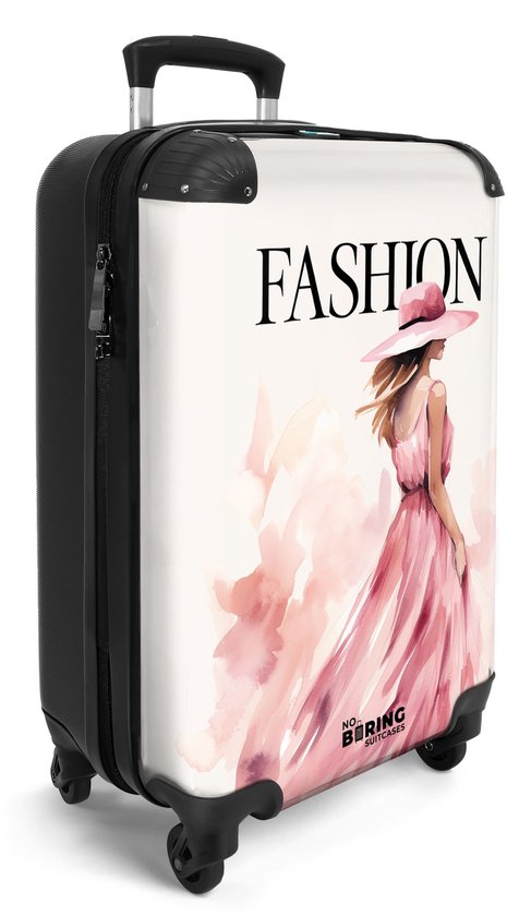 NoBoringSuitcases.com® - Handbagage koffer lichtgewicht - Reiskoffer trolley - Fashion - Crèmekleur met zwierige jurk - Vakantie rolkoffer met wieltjes - Carryon suitcase - Flightcase - Cabin koffertje - Past binnen 55x40x20 en 55x35x25