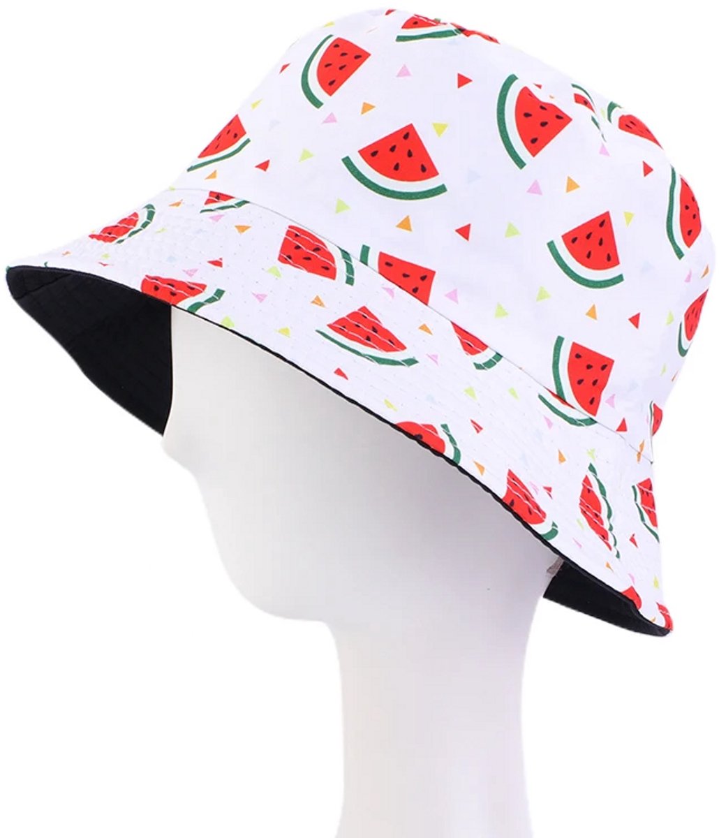 Bucket Hat - Omkeerbaar Vissershoedje - Dubbellaags - Meloenen Wit - Reversible naar Zwart - Maat 58 cm - Heren - Dames - Festival Accessoire - Festivalhoedje - Regenhoedje - Zonnehoedje - Emmerhoed - Hoed - Unisex