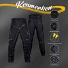Zwarte motorbroek met witte stiksels, voor- en achterkant, met details.