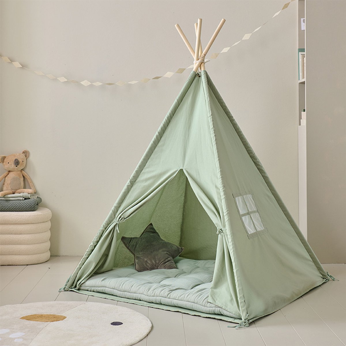 Speeltent Groen - Wigwam met dunne Vloerbodem - Tipi voor Kinderen 100 % Katoen - Creëer een Magische Speelplek