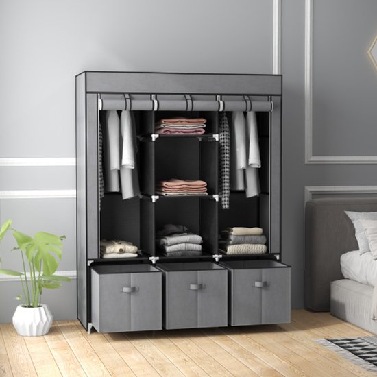 Armoire pliable en tissu, armoire pliable avec fermeture éclair, tissu non tissé, gris foncé, 125x43x162,5cm
