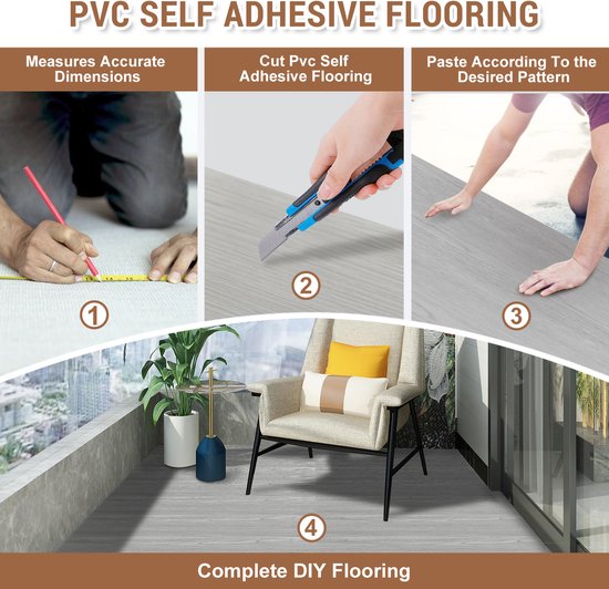 Zelfklevende PVC vloer installatie: meten, snijden, plakken. Resultaat complete doe-het-zelf vloer.