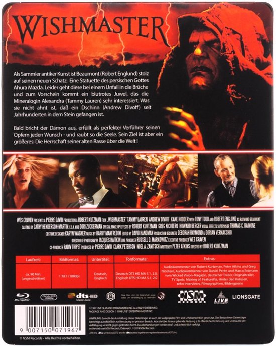 Achterkant Blu-ray hoes van Wishmaster met tekst en drie kleine afbeeldingen van de film.