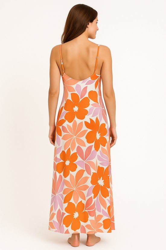 Robe longue d'été Angelle Milan – Tissu de voyage – Bracelets spaghetti – Bas à volants en V– Imprimé floral – S à XXL