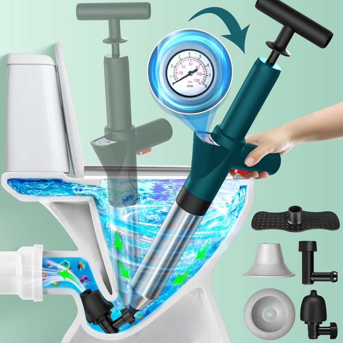 Professionele Luchtdruk Pomp Ontstopper - geschikt voor Toilet,WC,Afvoer - 4 Ontstoppingskoppen - RVS - Luchtdruk Meter - Gootsteenontstopper - Rioolontstopper - Ontstoppingsveer - Plopper - 0-8 Bar