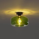 Groene glazen plafondlamp aan een plafond, met gloeilamp en rondom licht.