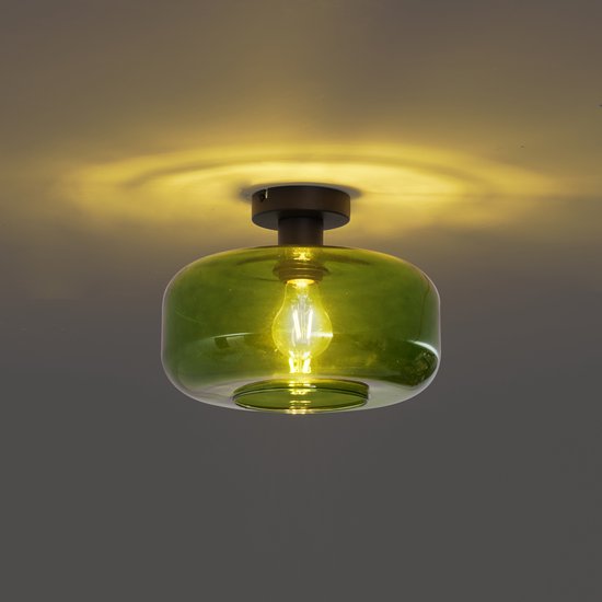 Groene glazen plafondlamp aan een plafond, met gloeilamp en rondom licht.