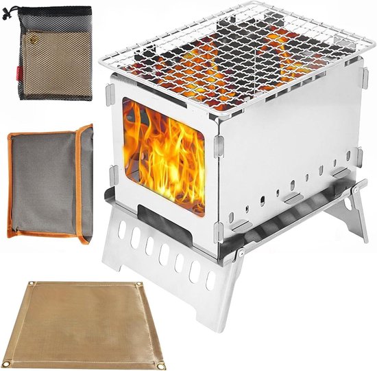 Outdoor Camping Stove Roestvrij Staal Kookgerei Draagbare Opvouwbare Houtkachel Voor Wandelen Vissen Bbq Met Grills