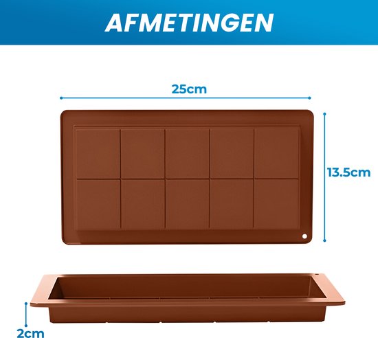 Bruine chocoladevorm met afmetingen 25cm x 13.5cm x 2cm.