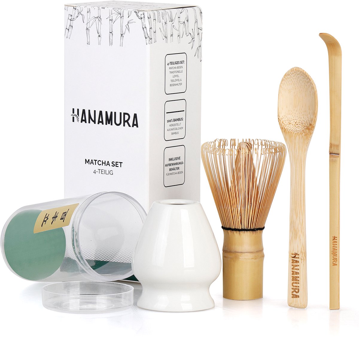 Hanamura Matcha set 4-delig - Matcha Klopper – Matcha Starterkit van Bamboe – Inclusief Opbergcase, Matcha Whisk, Matcha Lepel & Klopperhouder