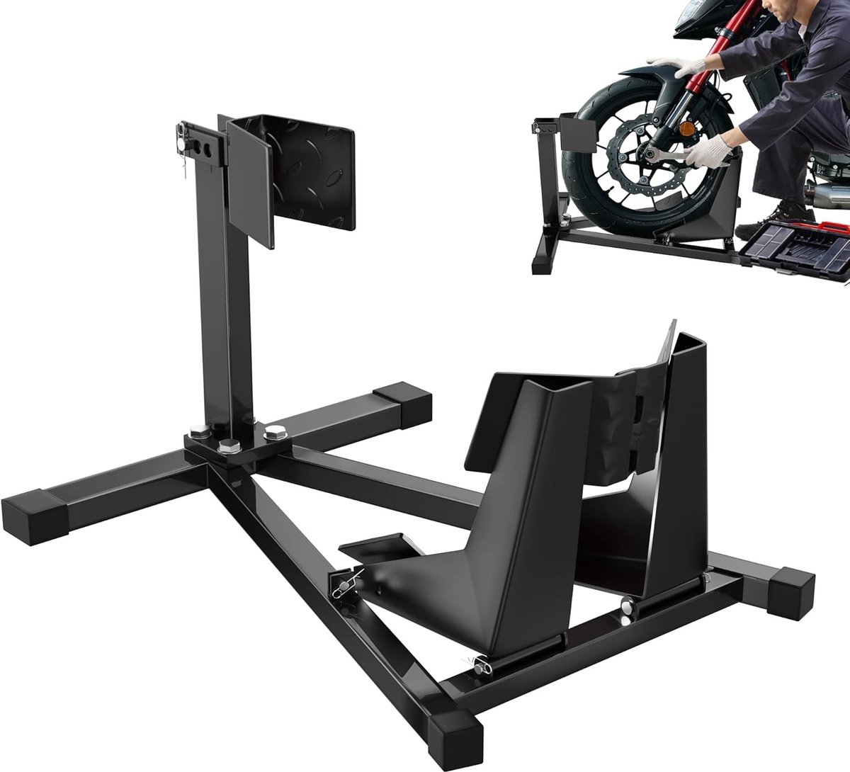 Aufun Motorstandaard Voor 17-21" 90-130 Mm Banden, Voorwielmotorstandaard, Motorrocker, Universele Montagestandaard, Zwart, Antislip, Verstelbare Transportstandaard, Voorwielliftstandaard, 1 Stuk