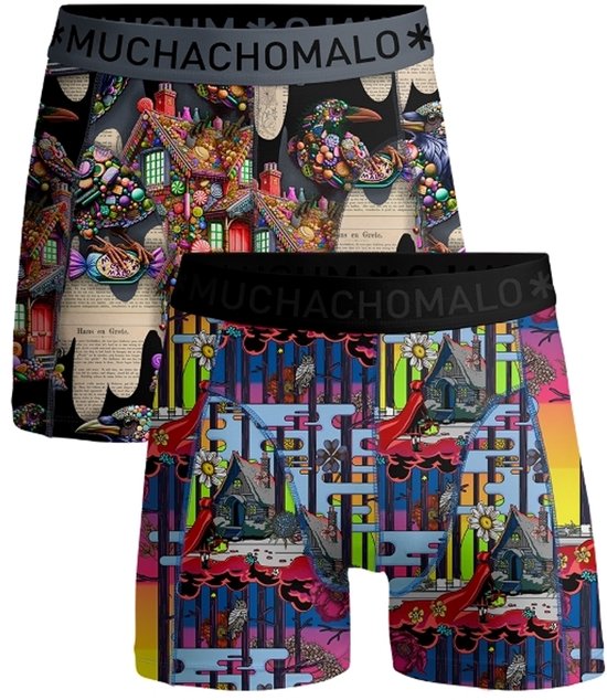 Twee Muchachomalo boxershorts met een veelkleurige print van huizen en fantasiefiguren.