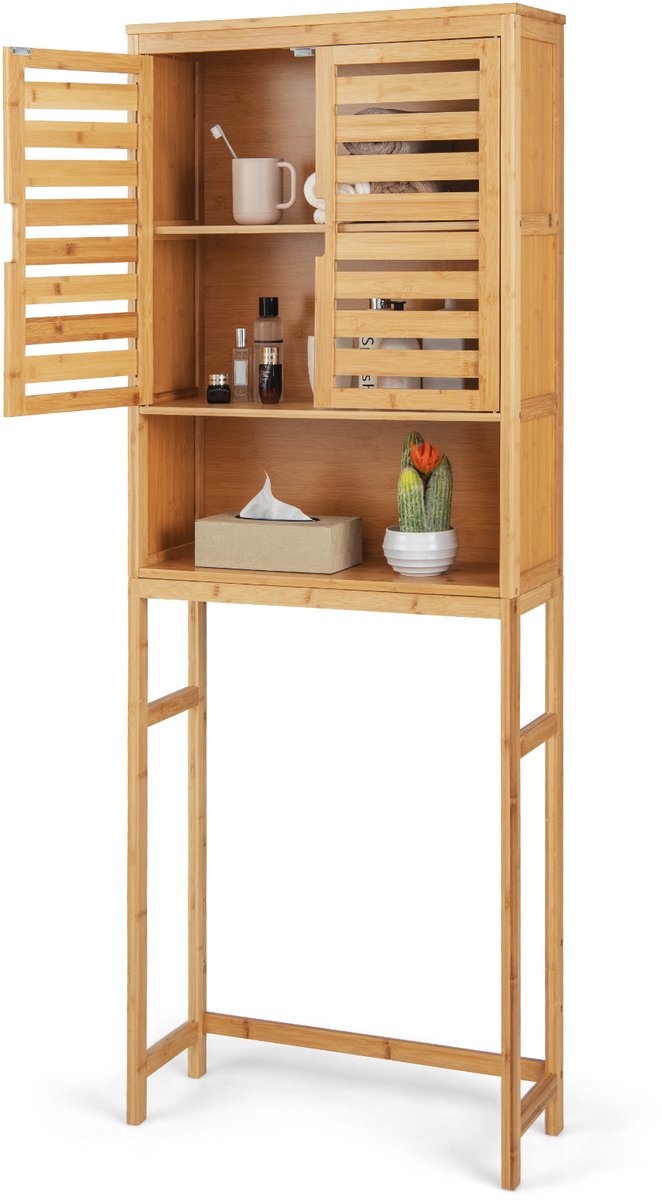 COSTWAY Toiletkast van bamboe, toiletrek met 2 lamellendeuren, open plank en verstelbare dwarsbalken, badkamerrek, vrijstaand, bovenbouwkast, wasmachinerek, 62 x 23 x 170 cm, naturel