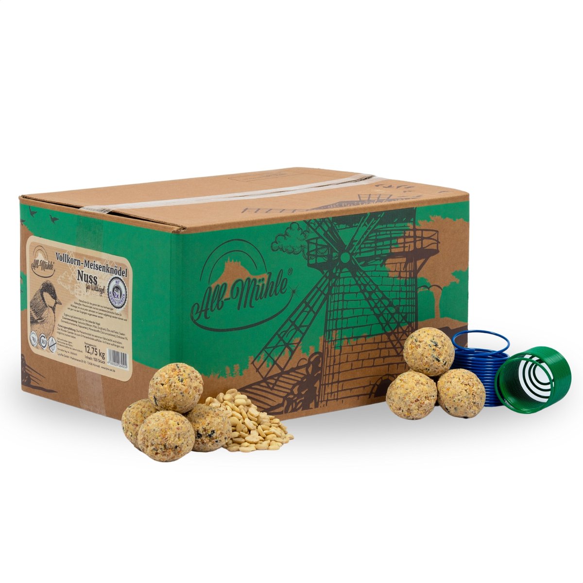 150 stuks. Lyra Pet® mezenbollen van de Alb-Mühle zonder net, volkoren & noten, 85 g per stuk + 2 dispensers