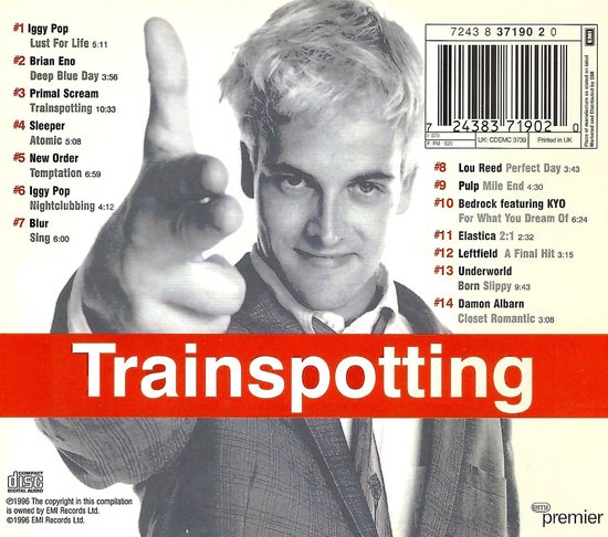 Trainspotting soundtrack CD cover met een man die wijst.