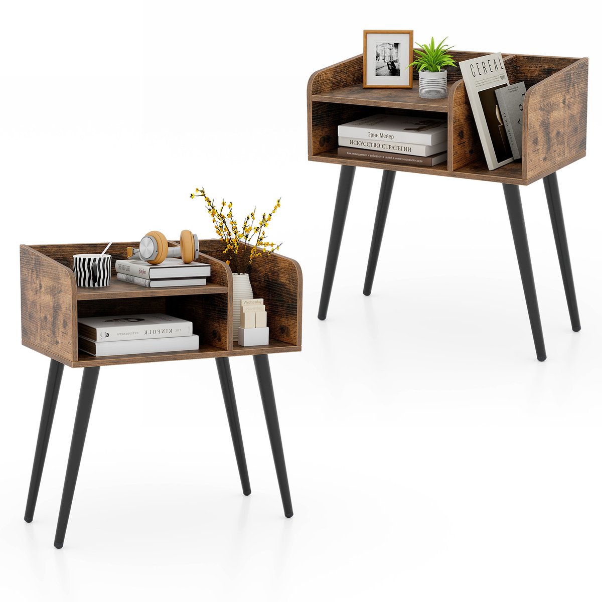 Costway Nachtkastje, set van 2, bijzettafel met open vak, salontafel met metalen steunpoten, nachtkastje, nachtkastje voor slaapkamer, woonkamer, 50 x 32 x 58 cm (rustiek bruin)
