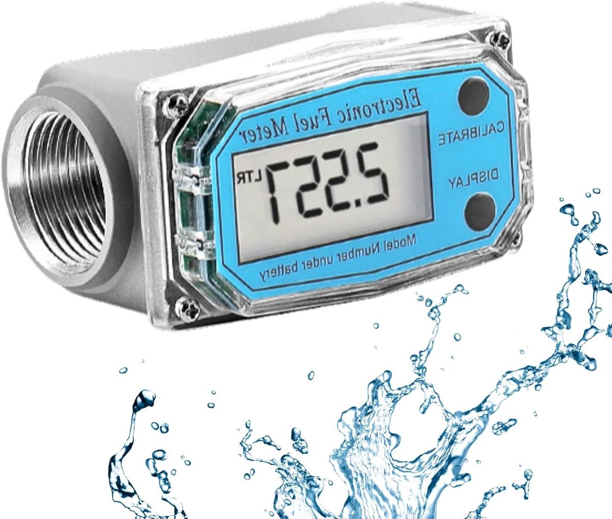 Digitale turbine flowmeter voor vloeistoffen zoals water, diesel en brandstof, met een meetbereik van 15-120 liter per minuut en een 1 inch NPT aansluiting in blauwe uitvoering