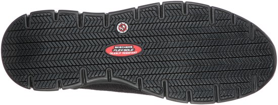 Onderkant van een zwarte Skechers werkschoen met een profielzool voor extra grip. Het 'SKECHERS WORK' logo is zichtbaar.