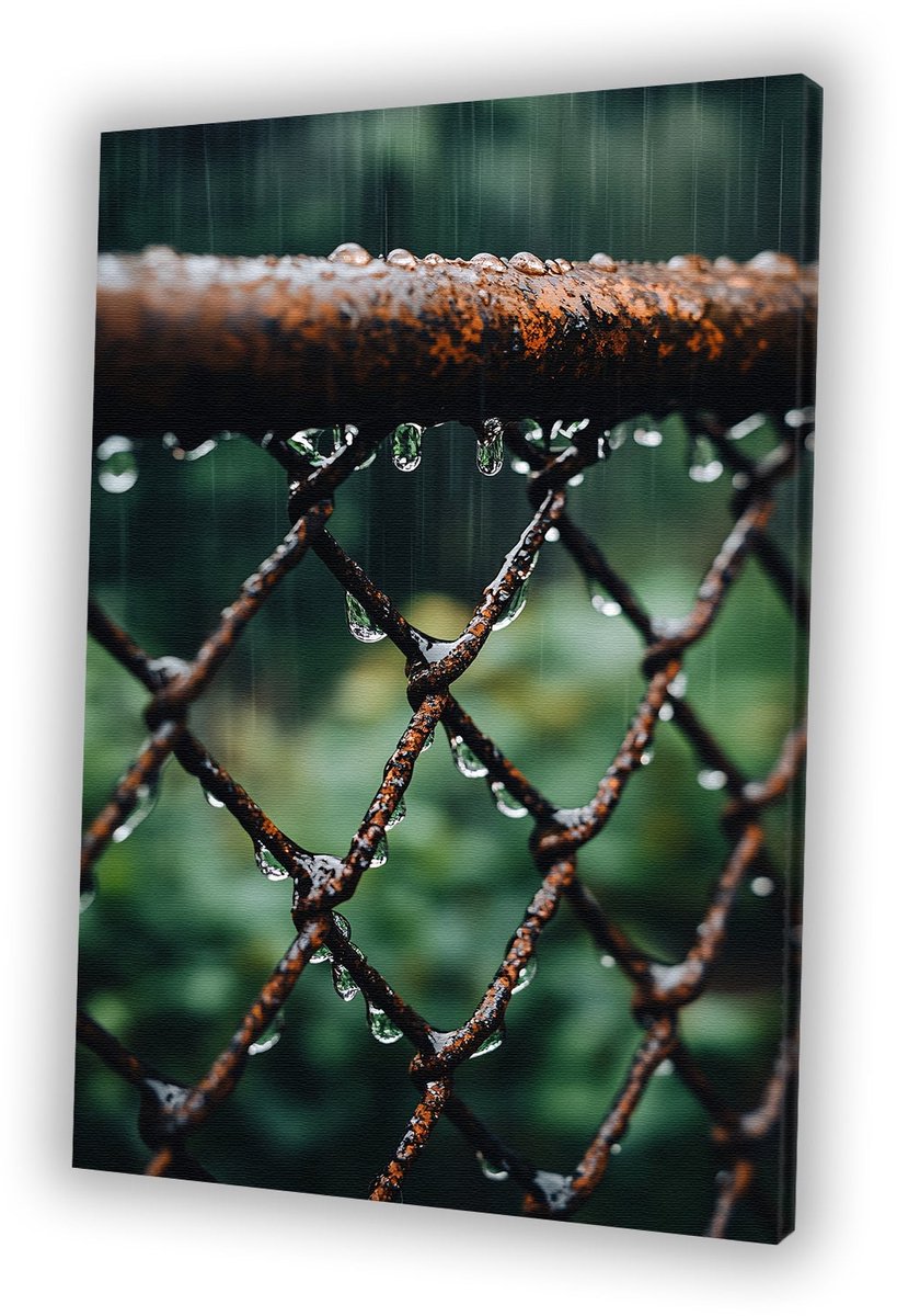 Regen op roestig hekwerk - Regen canvas schilderij - Kunstwerk natuur - Hyperrealisme - Mu