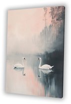 Deux cygnes dans un paysage brumeux - Peinture cygne - Art mural animaux - Impressionnisme - Peintures modernes - Décoration chambre - toile 80x120 cm