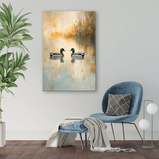 Deux canards sur un étang - Toile de peinture de canards - Peintures animalières - Impressionnisme - Décoration intérieure - Décoration murale de chambre - toile 80x120 cm