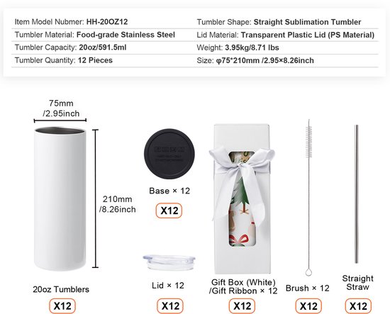 12-Pack -Sublimatie Tumblers,20 Oz Lege Roestvrijstalen Dubbelwandige Tumblers Met Deksel, Rietje — afbeelding 3